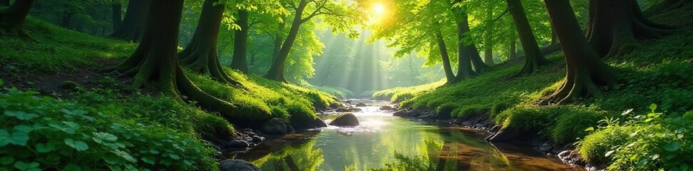 Serene nature scene perfect for meditation; sun-dappled forest with gentle stream, lush green foliage, tranquil atmosphere, peaceful vibes , flora, trees, wilderness