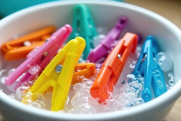 Close-up shot of colorful clothes pegs being washed in a basin, soapy water and bubbles visible Clean laundry preparation , cleaning routine, home, plastic