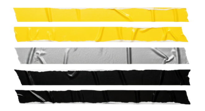 Nine yellow, silver-grey, and black duct tape strips with torn edges, creases, and tactile textures, meticulously arranged on a transparent background with copy space, clean design asset concept