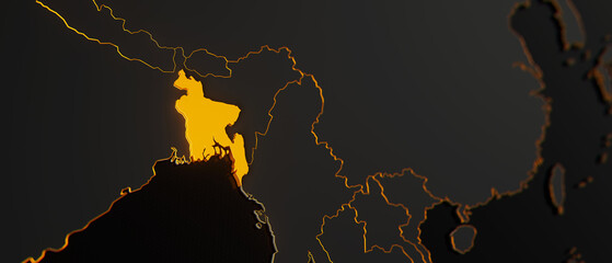 Golden Bangladesh 3d map surrounded with other countries in black with golden borders and shallow dof. Asia political map with borders