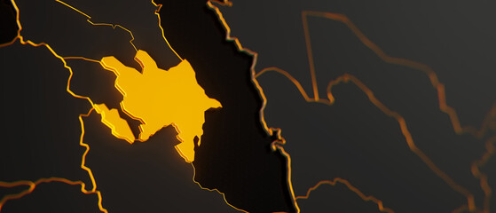 Golden Azerbaijan 3d map surrounded with other countries in black with golden borders and shallow dof. Asia political map with borders