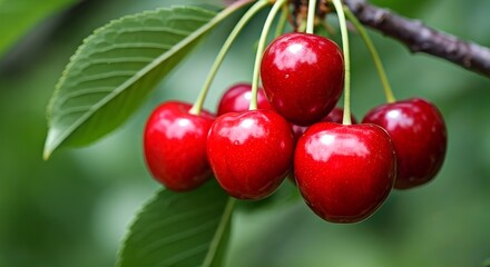 Vibrant Red Cherries Hanging from Branch with Green Leaves, Ripe and Fresh for Summer Harvest