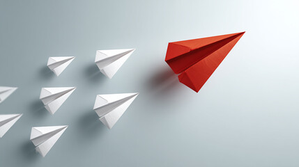 Paper airplanes, one red flying in opposite direction from white ones, symbolizing innovation and new strategy.