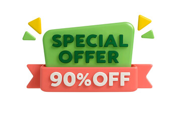 Green and red 3d banner with text special offer and 90 percent off isolated on transparent background