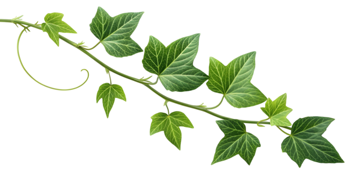 Lush Green Ivy Vine with Curving Stem and Detailed Leaf Veins Isolated on white Background leaves. png file 