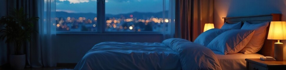 Serene night scene featuring a softly lit bedroom with a comfortable bed, ready for a peaceful slumber Perfect for relaxation and sleep-related content , darkness, home, luxury