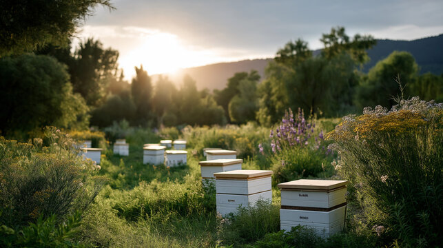 A sustainable beekeeping farm with hives surrounded by wildflowers, farmers using ethical practices under a golden sun, ethical farming, sustainable, organic agriculture, beekeepin
