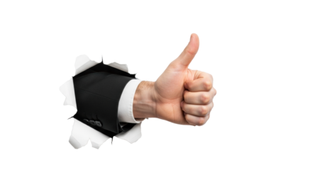 Caucasian man's hand in a black suit making a 'thumbs up' through torn white paper on a transparent background, ample copy space, high-key studio light, concept of success and approval