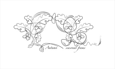 Autumn background. Oak branch. Seasonal frame with oak leaves and acorns. Linear image.