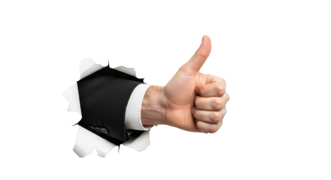 Caucasian man's hand in a black suit making a 'thumbs up' through torn white paper on a transparent background, ample copy space, high-key studio light, concept of success and approval