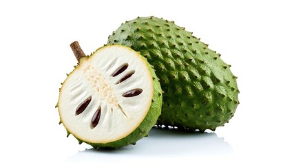 Fresh Soursop Fruit (Guanabana), Whole and Halved, Isolated on White Background
