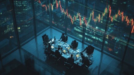 A corporate meeting is taking place in front of a window that looks out over a city, with stock charts displayed