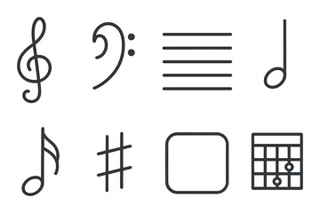 Black background with music symbols: treble clef, bass clef, musical notes, staff, sharp, guitar chord chart