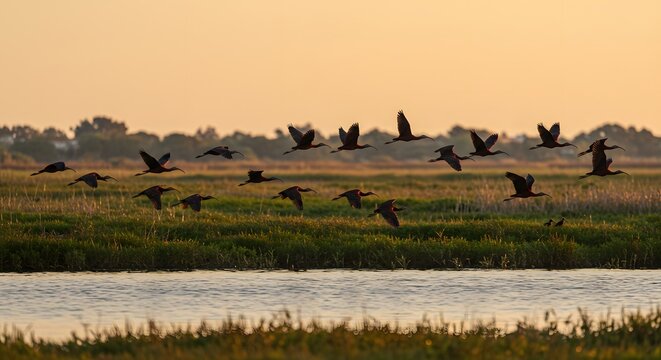 Birds flying over marsh
