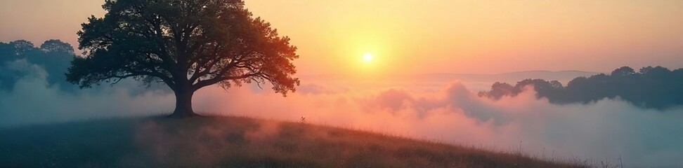 Serene landscape at dawn with mystical fog swirling around ancient trees, conveying a sense of ethereal peace and spiritual awakening , ambiance, ethereal