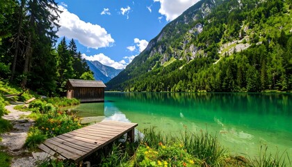 Scenic alpine lake with wooden dock