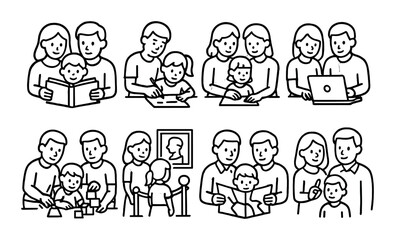 Naklejka premium Caucasian family activities: reading, learning, playing, exploring art