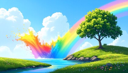 Obraz premium Vibrant landscape featuring rainbow, tree, water, and clouds in a dreamy illustration