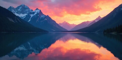 Serene mountain lake reflecting a vibrant sunset sky, tranquil waters, and towering peaks  Ideal for travel, nature, and serenity themes , evening, view
