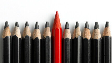 Single red pencil among many black pencils on white background, concept of leadership and creativity.