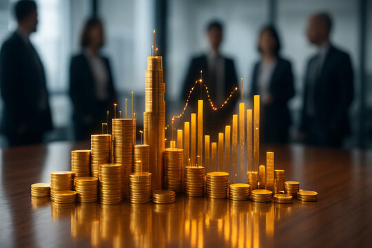 Stacks of golden coins with a futuristic glowing digital graph showing an uptrend with business people in the blurred background