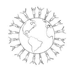 One continuous single drawing line art flat doodle earth, person, community, global, teamwork, symbol, oneness, globe, planet. Isolated image hand draw contour on a white background, hand drawn, not A
