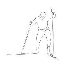 One continuous single drawing line art flat doodle sport, skier, skiing, mountain, snow, winter, ski, speed, vacation. Isolated image hand draw contour on a white background, hand drawn, not AI
