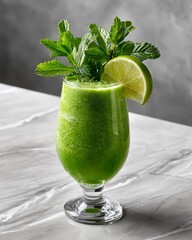 Fototapeta premium A vibrant green smoothie garnished with fresh lime and mint, served in a glass on a marble surface. Perfect for health, wellness, and refreshing drink themes.