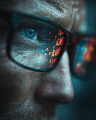 a close-up shot of a man with glasses, reflecting the light from screen
