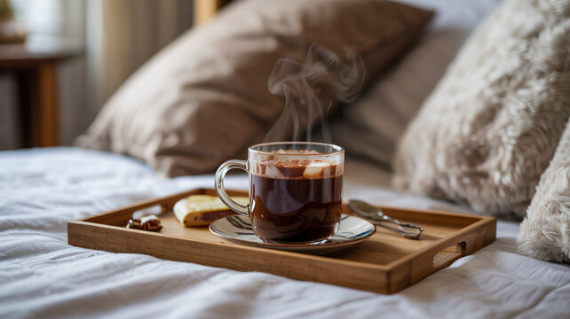 Hot chocolate steams on a tray placed carefully besie your pillow