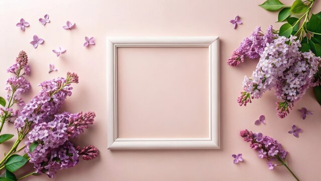 A delicate arrangement of lilac blossoms surrounding a blank white picture frame on a soft pink background, perfect for spring announcements or invitations.