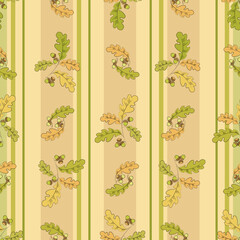 Oak branch. Cute plant vector background. Seamless autumn pattern with acorns on striped background.
