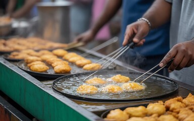 Closeup of fritters deepfrying in hot oil on a large flat griddle at a food stall