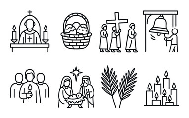 Naklejka premium Religious symbols: communion, easter, crucifixion, bell, nativity, palm leaves, candles