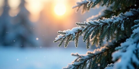 Frosted Christmas tree branches laden with snow, icy needles glistening in the winter sun A picturesque scene evoking the chill beauty of a snowy Christmas morning , frozen, frost