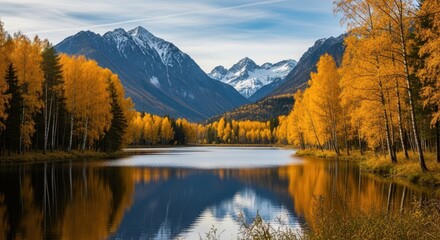 Fototapeta premium Autumn colors reflected in a serene mountain lake surrounded by golden trees