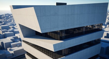 Obraz premium A modern, concrete skyscraper rises above a city of low-rise structures, showcasing geometric forms and expansive windows.