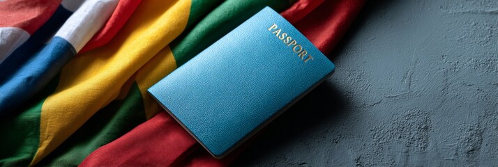 Blue passport lies on a textured gray surface, partially covered by a collection of colorful international flags, suggesting themes of global travel, citizenship, and international relations
