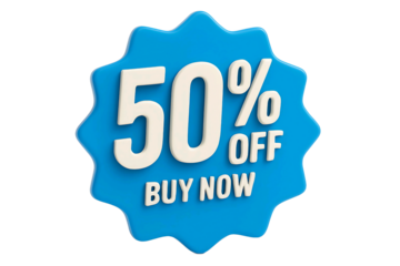 Blue starburst shape with 50 percent off and buy now text isolated on transparent background