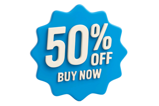 Blue starburst shape with 50 percent off and buy now text isolated on transparent background - Powered by Adobe