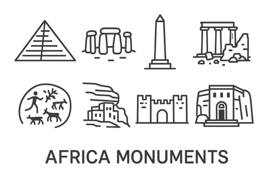 Iconic african monuments: pyramid, stone circle, obelisk, ruins, petroglyphs, fortress, temple