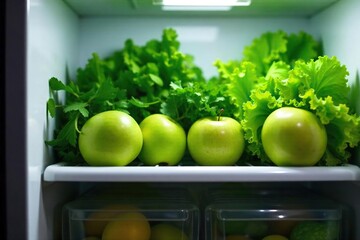 Crisp green apples and vibrant lettuce nestled amongst fresh herbs in a gleaming, stainless steel refrigerator Healthy eating, organized storage, kitchen freshness , kitchen appliance, cold