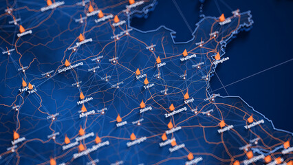 Taian map big data visualization. Futuristic map infographic of city in China. Visual map data complexity in modern blue and orange colors