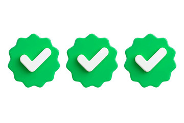 Three green checkmark badges with a white tick symbol indicating approval or verification isolated on transparent background
