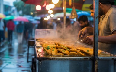 Street food vendor frying pakoras on a hot plate in the rain with people holding umbrellas in the background