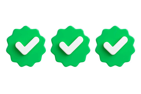 Three green checkmark badges with a white tick symbol indicating approval or verification isolated on transparent background