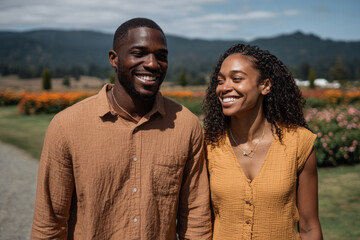 joyful couple holds hands in warm embrace of love surrounded by lush vineyards