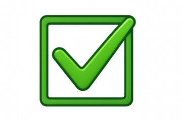 Green checkmark inside transparent square, signaling approval, validation, and successful completion