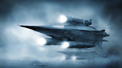 Futuristic interstellar colony ship flying through space with glowing engines, high-resolution sci-fi concept art.