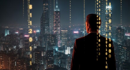 A businessman contemplates a cityscape at night, with binary code overlayed, suggesting futuristic concepts and possibilities.